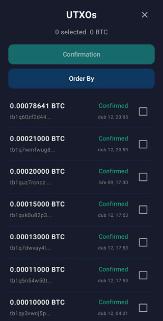 Coin control: the unspent outputs, each with a checkbox to choose it