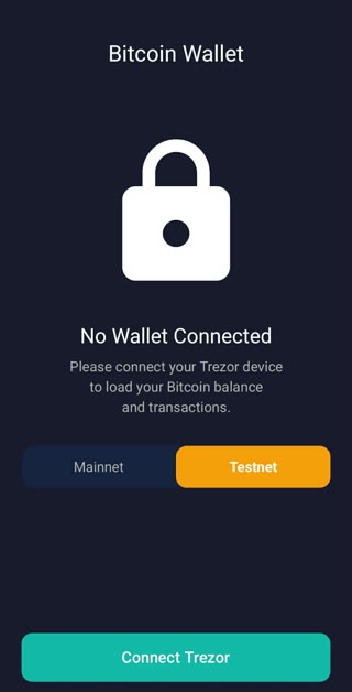 The start screen: connect a Trezor, on mainnet or testnet