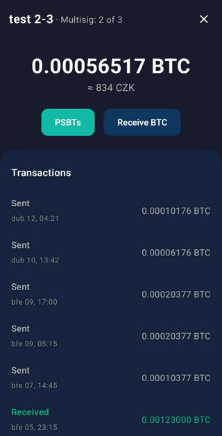 The app showing a 2-of-3 multisig wallet on testnet