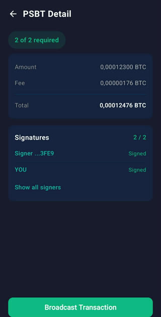 A transaction with 2 of 2 signatures, ready to broadcast